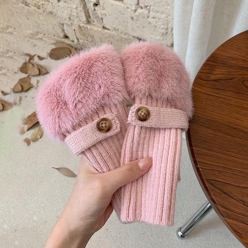Women's Fluffy Winter Knit Gloves – Touchscreen, Half-Finger, Warm for Cycling