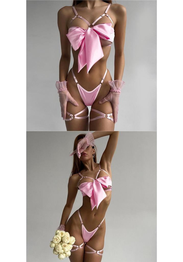 Elegant European & American Bow Hollow-Out Lingerie 3-Piece Underwire Set