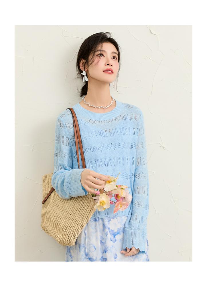 2025 Spring New Style Round Neck Micro Trumpet Sleeve Hollow Knitted Shirt for Women