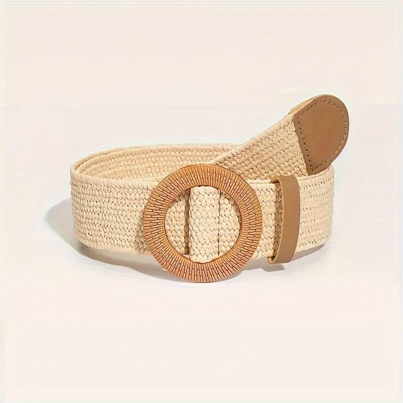 PP Casual Beach Fashion Grass Belt with Round Wooden Buckle for Women's Dress