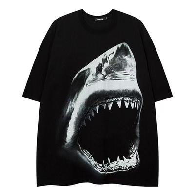 New Black Shark Print T-shirt for Summer and Autumn 2025 Casual and Sporty Short-sleeved Men's and Women's Streetwear