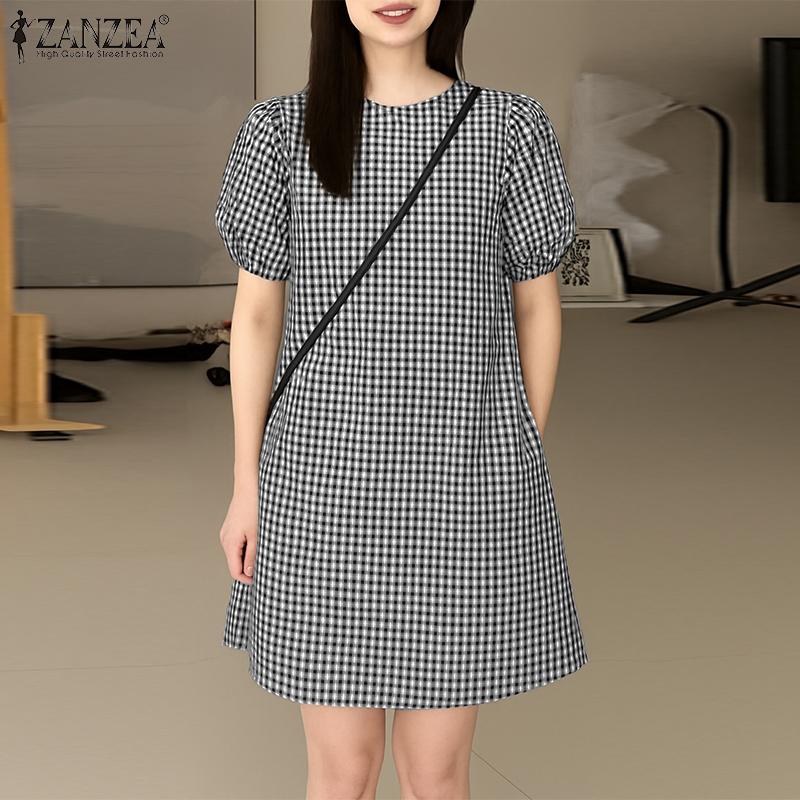 ZANZEA Damen Freizeit Rundhals Gitterdruck Sommer Kurzarm Kleid