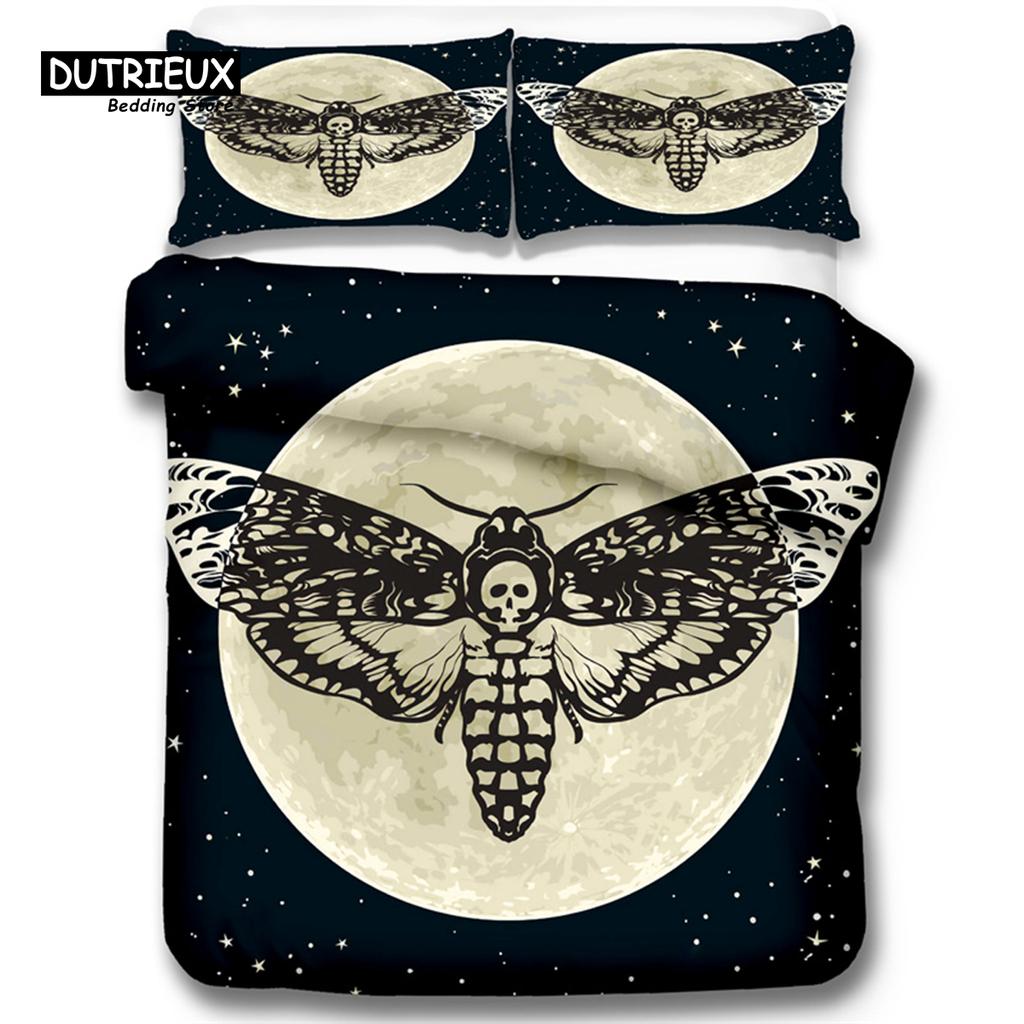 Gothic Skull Bedding Set Death Moth Flowers Print Duvet Cover Skeleton Bones Butterfly Pillowcases