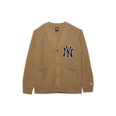 New Era Logo Gestickt Muster Einreiher Langarm Wollpullover Melange V-Ausschnitt Unisex Pullover Khaki 13338686