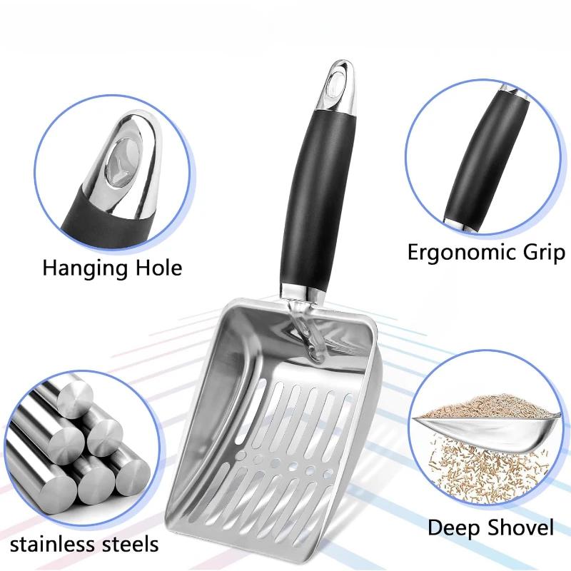 Stainless Steel Cat Litter Scoop with Rubber Handle Metal Kitty Scooper Sturdy Mesh Scooper Litter Filter Pet Cleaning Tools
