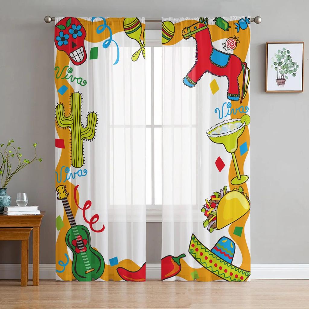 Mexican Cartoon Candy Luxury Tulle Curtains Modern Living Room Kitchen Chiffon Curtain Bedroom Sheer Valance Curtain
