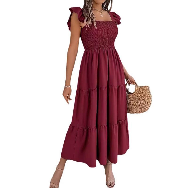 Women's Summer Square Collar Wooden Ear Edge Waist A-line Long Dress