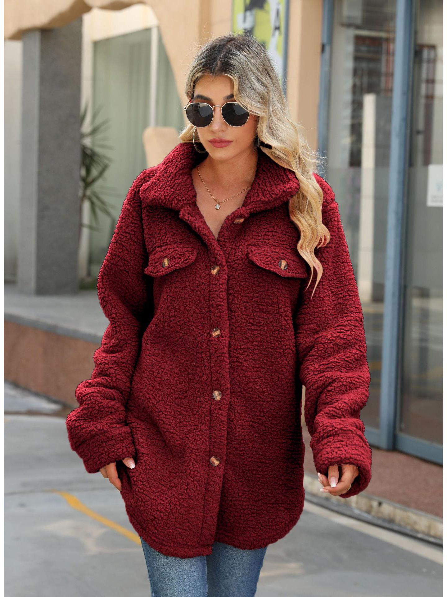 

Осенне-зимнее женское пальто с длинными рукавами и лацканами в европейском и американском стиле из плюшевой ткани с искусственными карманами. Extra Large вино красного