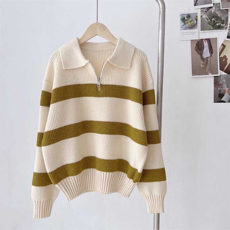

Женская осенне-зимняя мода контрастные полосы воротник поло застежка-молния свитер утягивающий и замедляющий старение дизайн Sense Knit Top one size зелёный
