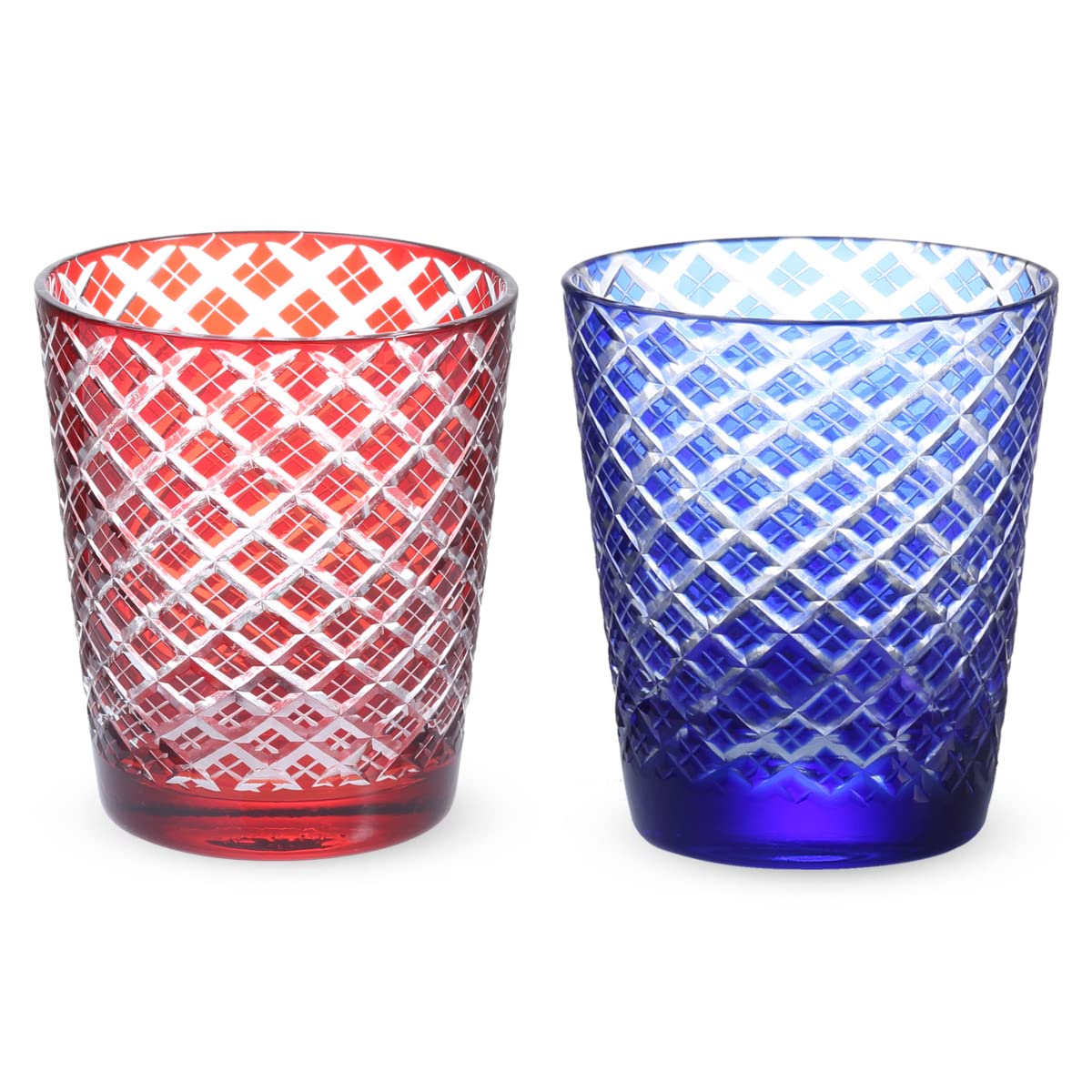 

Nostalgia Kiriko Pair of Glass Diamond Red Current Model J-kitchens Cups, 79xH90mm, 220cc, Pattern, & Blue, Bisho,