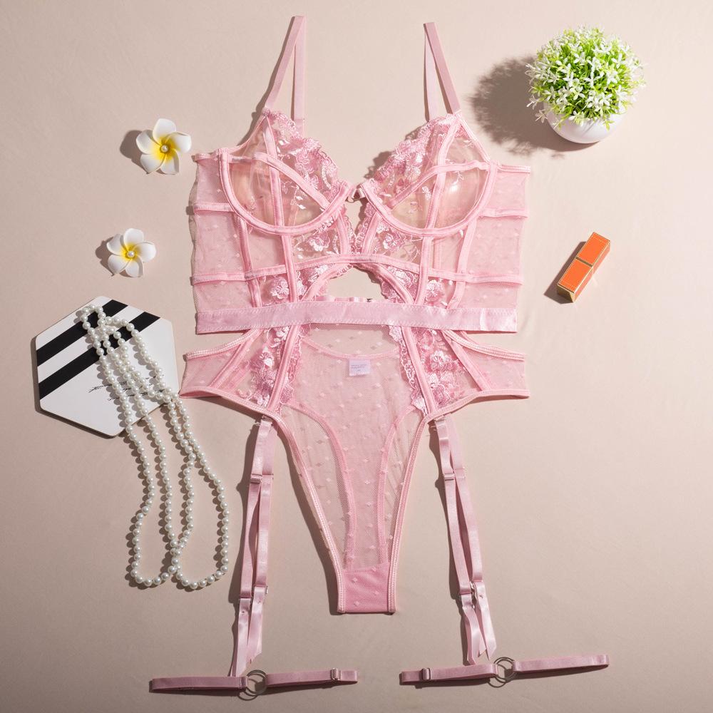Toucheart Lace Embroidery Jumpsuit For Women Mesh Patchwork See-through Sexy Hollow Out Underwear Solid Color Garters Underwear