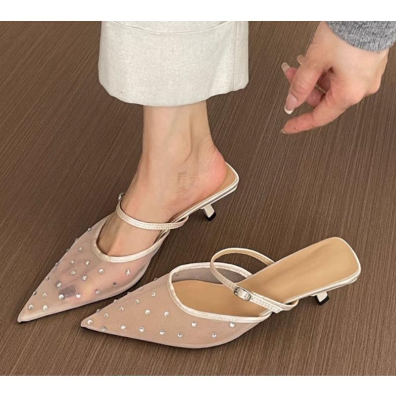 New Style Crystal High Heels Women Slippers Pointed Toe Mesh Mules Shoes Women's Sandals Elegant Summer Fad Slides Ladies Shoes