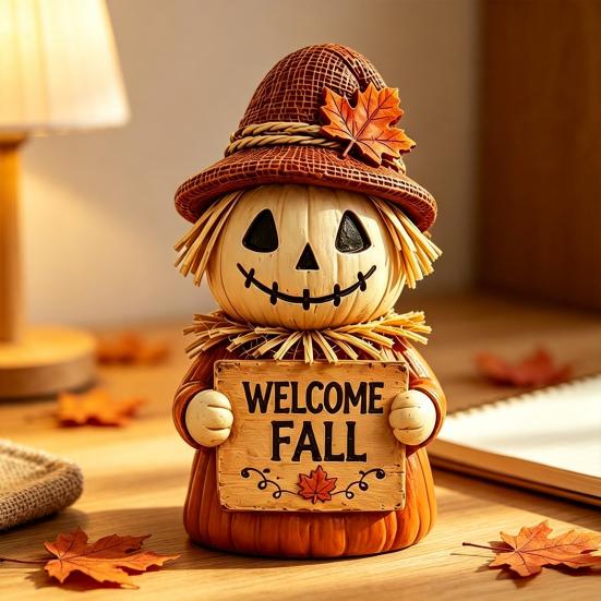Maple Leaf Desktop Ornament Fall Scarecrow Figurine, Wooden Pumpkin Statue, Rustic Autumn Durable Craft Figurines Harvest Tabletop Decoration
