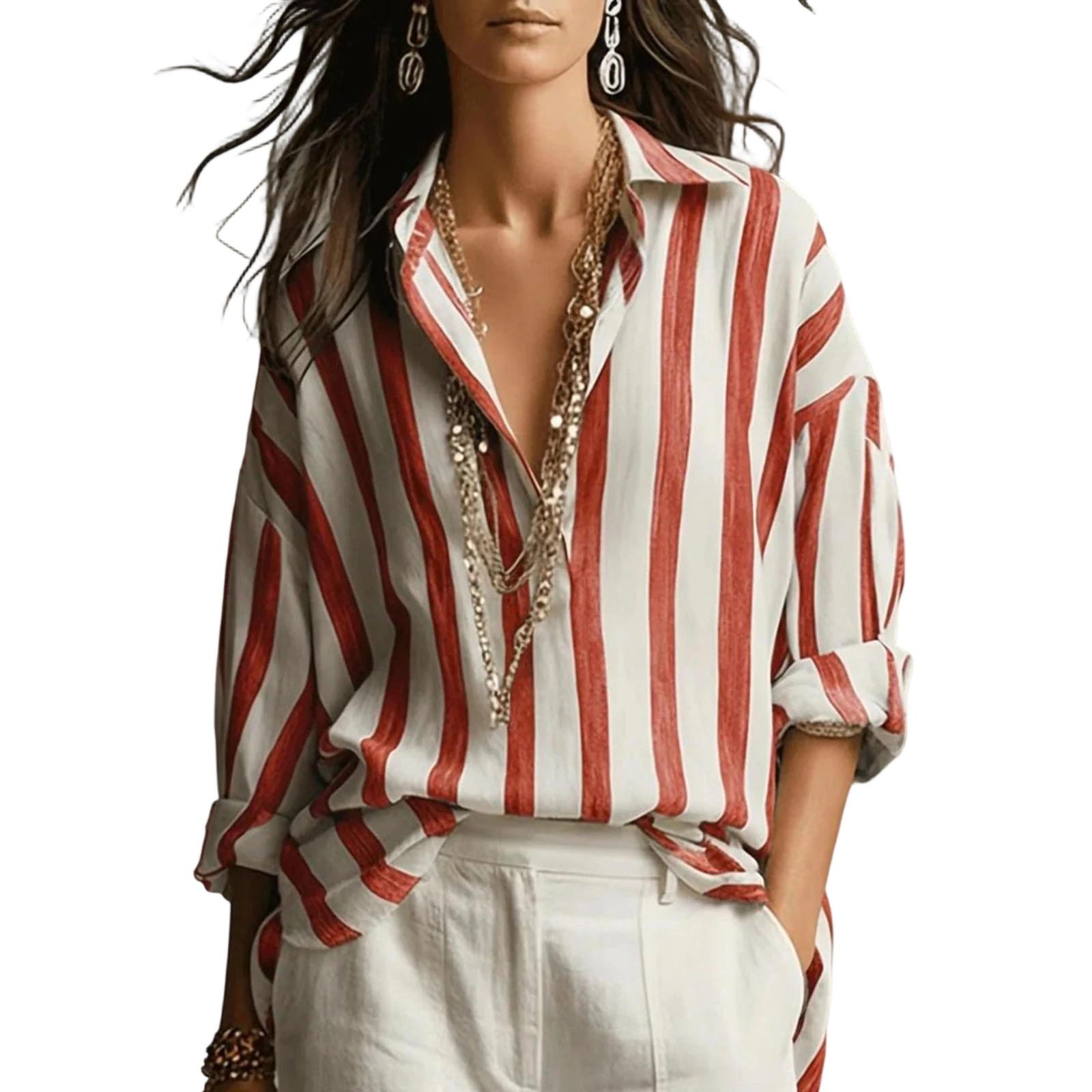 

Women s Casual Striped Button Down Shirt Long Sleeve Oversized Blouse Loose Fit Collared Top For Summer S