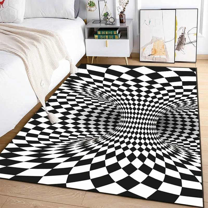 D Vortex Illusion Carpet Black and White Abstract Geometric Rug Non-slip Living Room Decor Bedroom Floor Mat Optical Vertigo Rug
