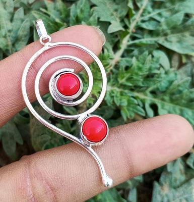 Red Coral Gemstone 925 Sterling Silver Plated Spin Illusion Handmade Pendant
