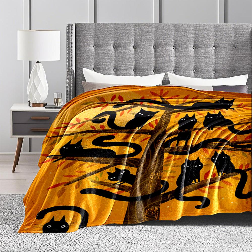 Black Cats in Tree on Orange Background Flannel blanket for bedroom, living room, sofa, and nap