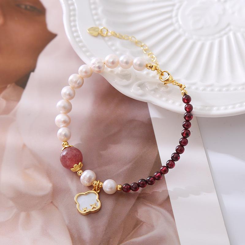 Sweet Lucky Flower Natural Freshwater Pearl & Garnet Stone 14K Gold Filled Female Charm Bracelet  For Women Gifts No Fade