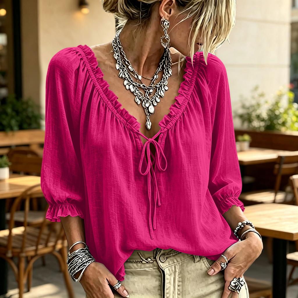 Damen Casual Farbige V-Ausschnitt Bluse mit Rüschenbesatz und Bindeband
