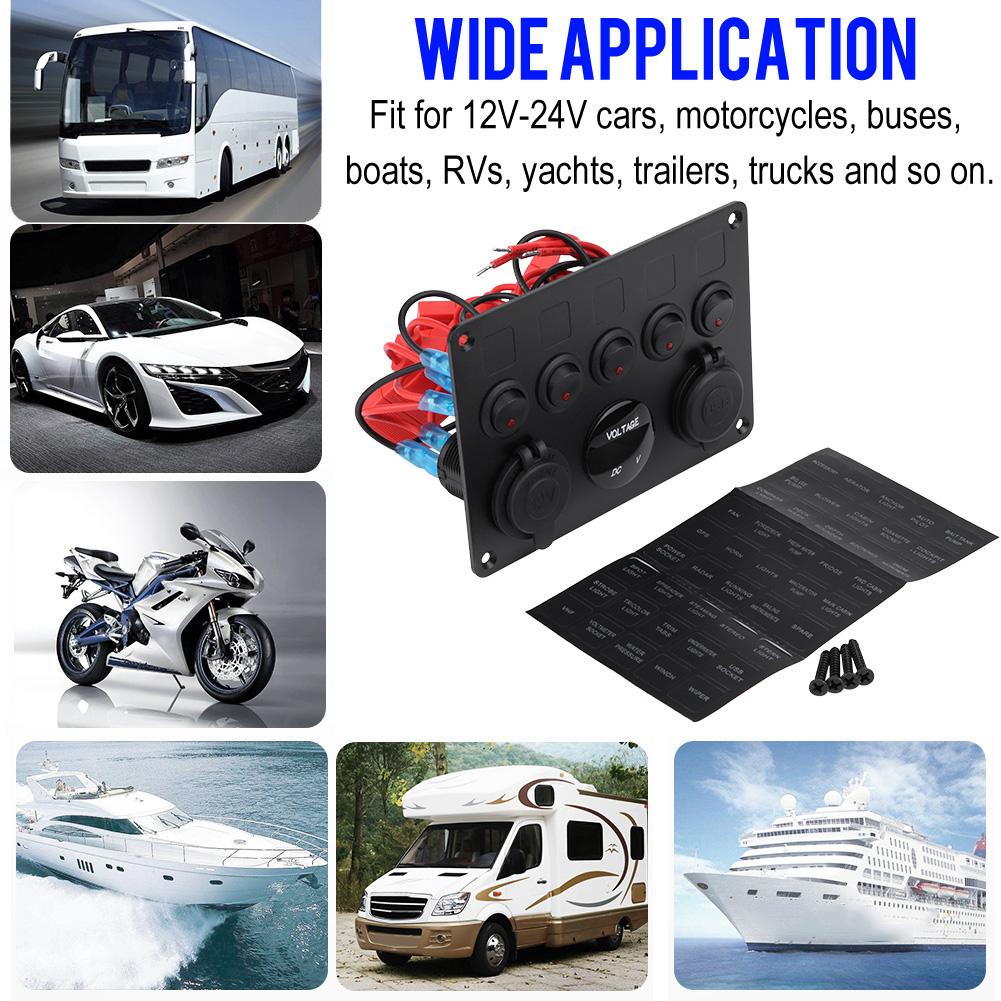 12-24V 5 Gang OnCelsiusOff Toggle   Panel Dual USB Voltmeter for Car Boat Marine Truck Green LED