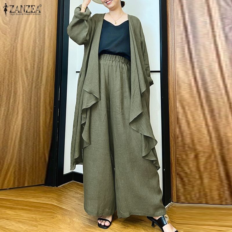 ZANZEA Women Long Cardigan Blouse and Pants Casual Two Piece Suit Sets