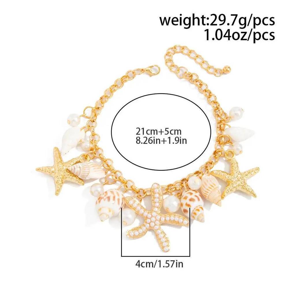 Salircon Boho Bohemian Starfish Conch Scallop imitation Pearl Anklet Women Summer Beach Leg Ankle Metal Chain Party Jewelry Gift