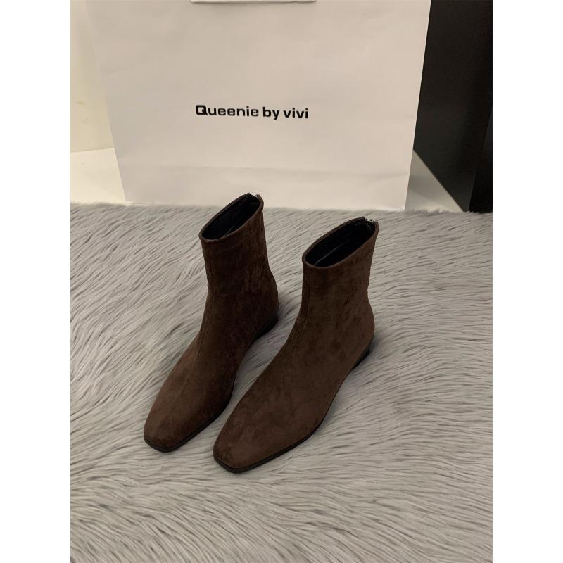 Coarse Heel Suede Small Ankle Boots Square Head Skinny Boots Women's Shoes Autumn and Winter Fleece Brown Martin Boots