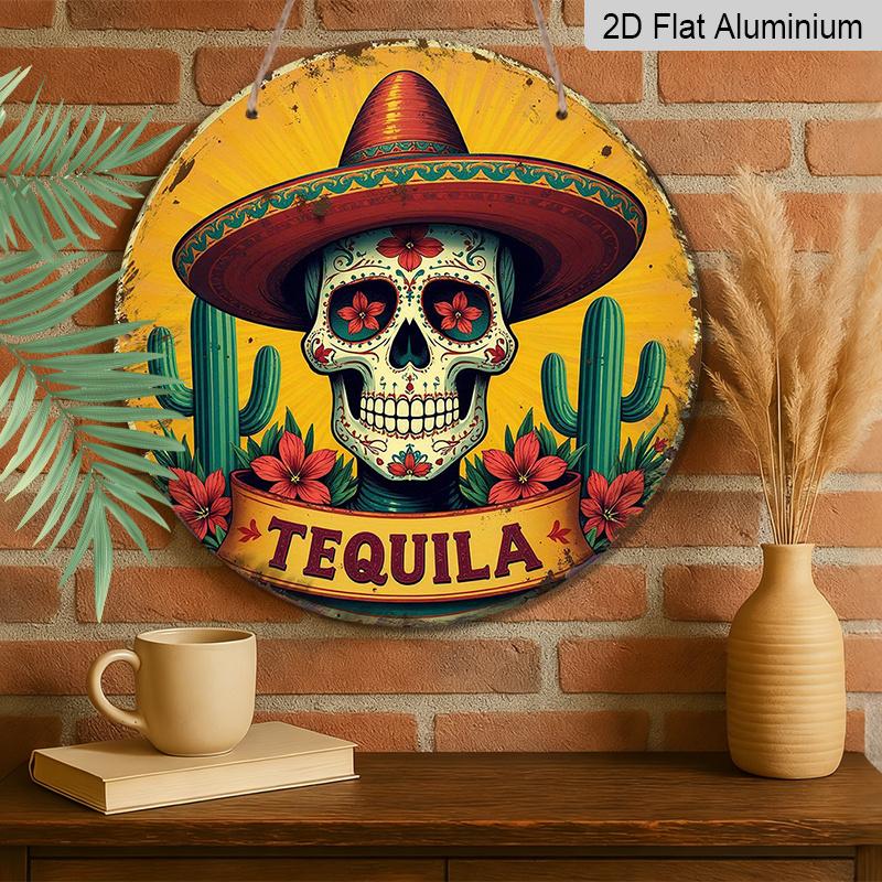 2D Flach, 1 Stück Retro Mexikanisches Bar Schild - Tequila-Thema Runde Aluminium Wandkunst mit Sombrero, Kakteen und Blumenmustern - Perfekt für Zuhause