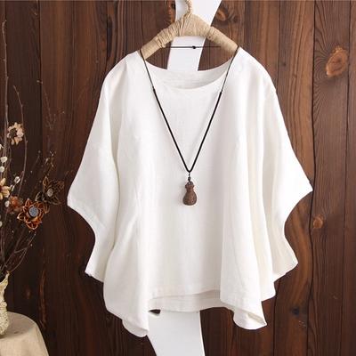 T-shirt décontracté à manches courtes en coton et lin pour femme, mode d'été, ample, solide, grande taille, col rond, simple, ample, 24565