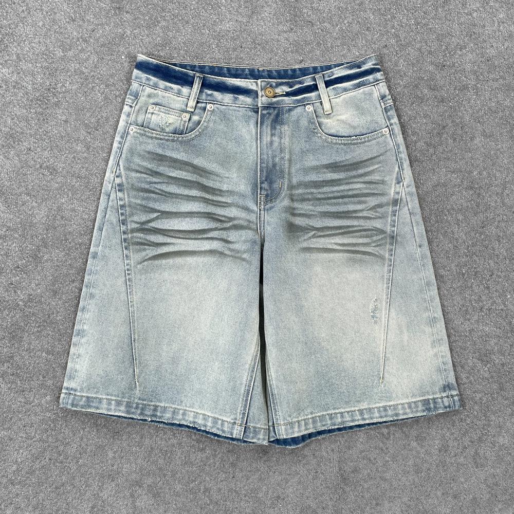 

Clearance: Distressed Wide-Leg Denim Mid-Length Pants with Cat Whisker Wash M светло-синий