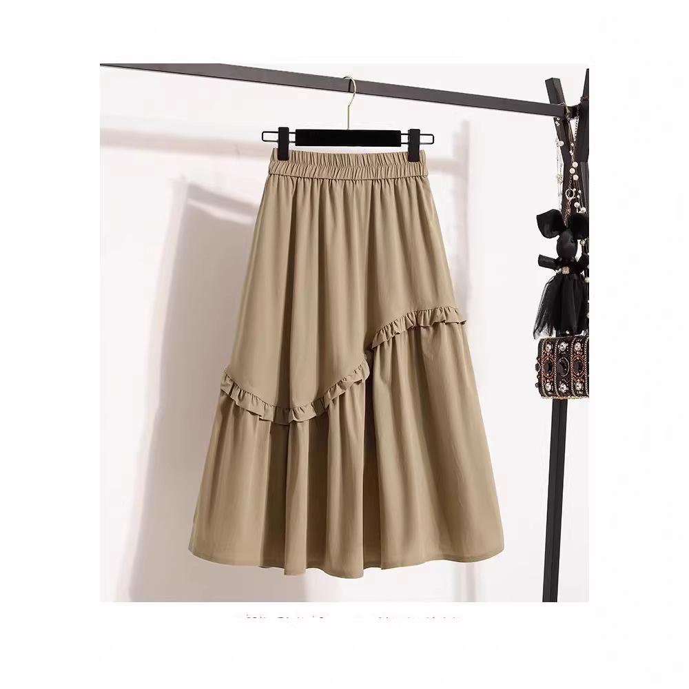 Plus Size Elegant A-line Fluffy Skirt - Spring/Summer Korean Style, Casual High-Waisted, Versatile Mid-Length Skirt