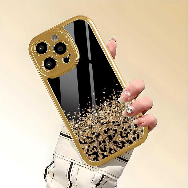 Leopard print black gold sparkling glass phone case suitable for iPhone17 16 15 14 13 12 11Pro/Max/Plus anti drop and shockproof