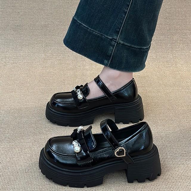 British style bow pearl Mary Jane shoes women's autumn fashion retro platform heightening thick heel high heel single shoes tide