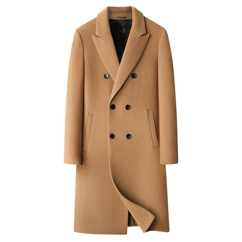 Double-breasted woolen woolen coat men's suit collar mid-length rabbit fur lining winter coat thickened wool windbreaker