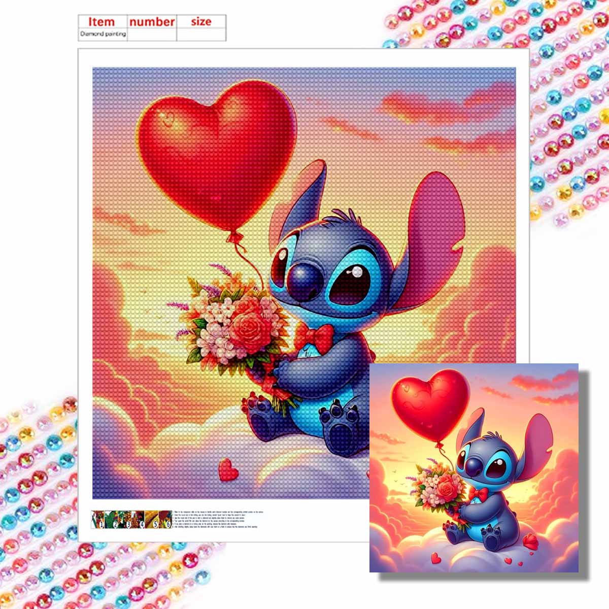 

5D DIY Diamond Painting Kit,Stitch and The Bouquet, Adult Beginner 5D Round Diamond Embroidered Crystal Mosaic Crafts, Suitable for Home Wall Settings Round 20x20cm