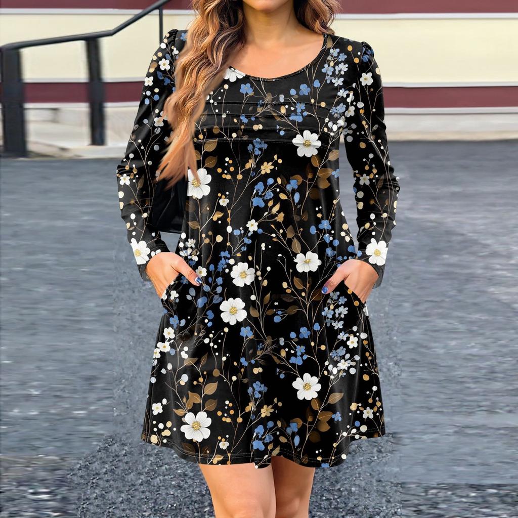 Women's Long Sleeve Dress Fall Casual T Shirt Loose Fit Pleated Front Dresses With Pockets