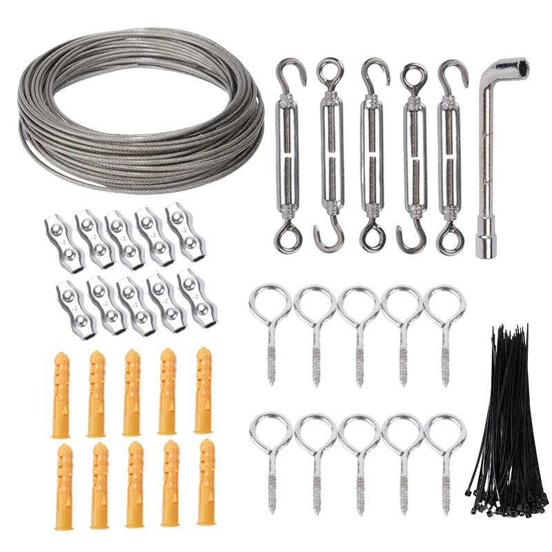 Stainless Steel Outdoor Wire Rope Kit with Carabiner Hook & Tensioner for String Lights and Clothesline.