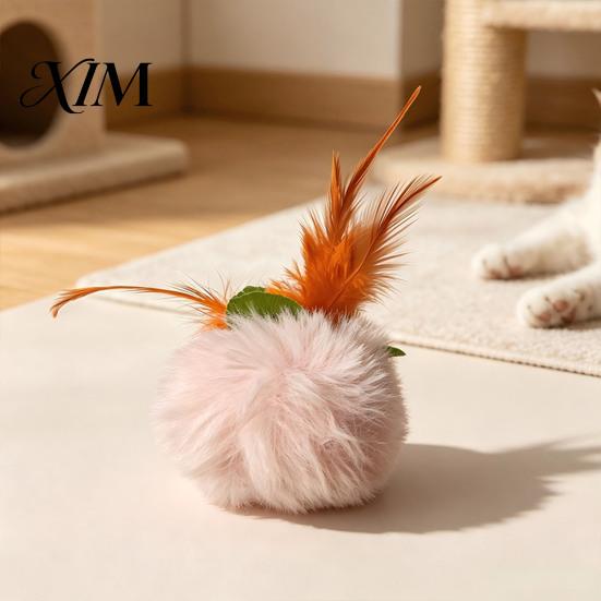 Realistic Prey Motion Cat Toys Furry Ball Toy with Feather, Interactive Pom Balls, Safe Plush for Adult Cats Soft Kitten Chasing Indoor Exercise
