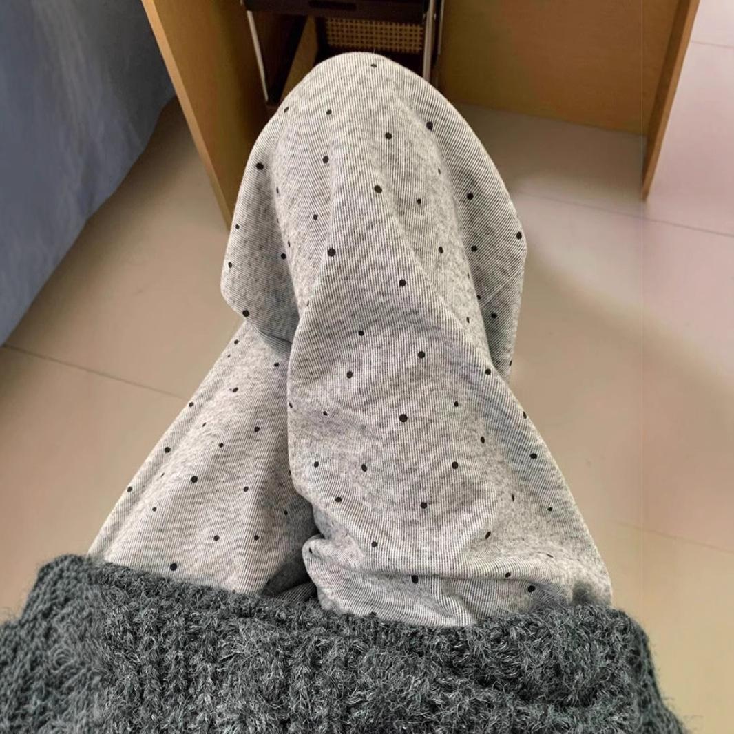 

Women s High-Waist Gray Polka Dot Fleece-Lined Pants - 2024 Autumn/Winter Drapey, Casual, Soft Straight-Leg and Wide-Leg Style L