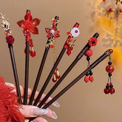 Retro Rote Blume Holz Haarstab Für Frauen Neujahr Hanfu Haarnadel Chinesischer Stil Haargabel Hanfu Accessoires