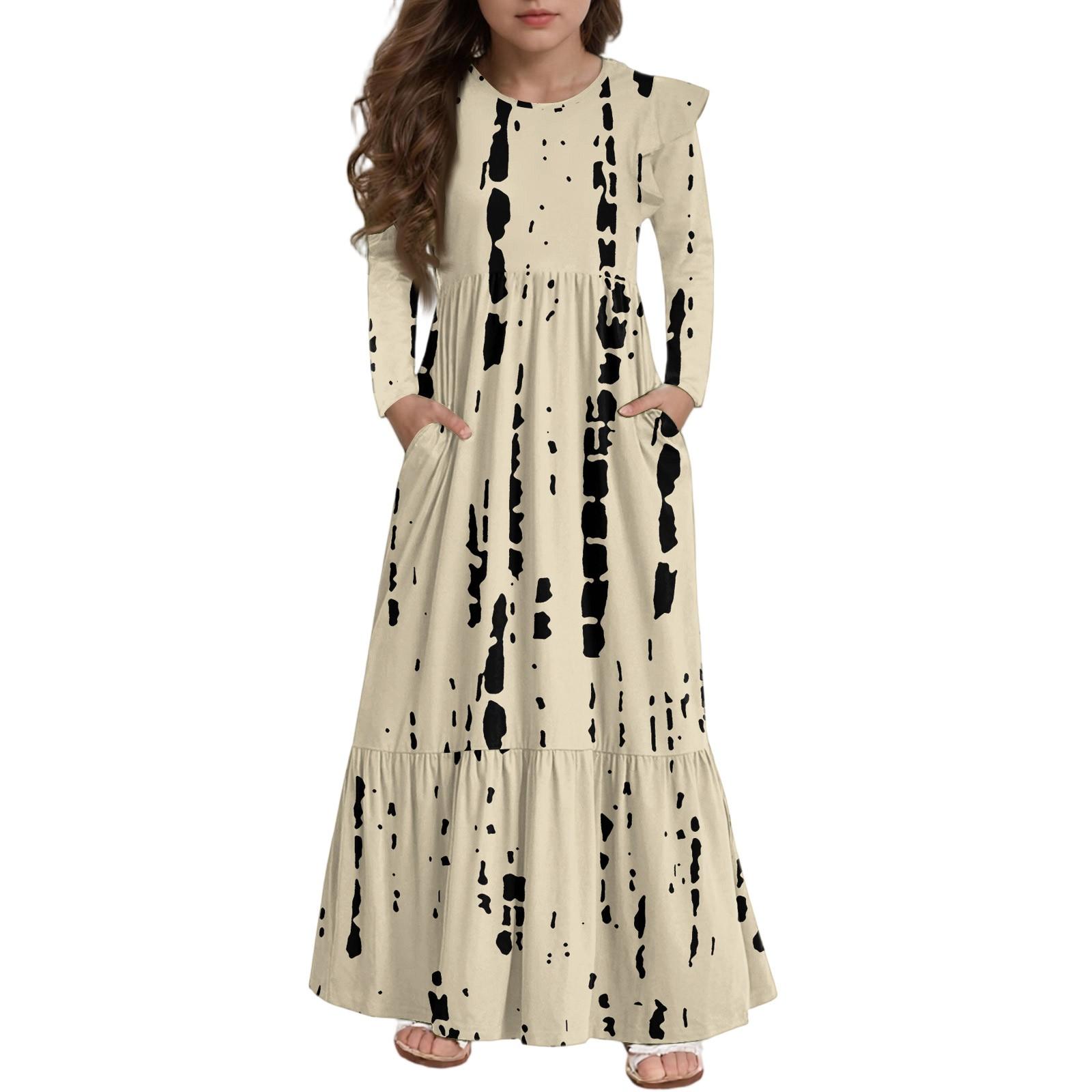 

Girls Tiered Ruffle Dress - Long Sleeve Printed Maxi With Pockets 110 бежевий