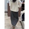 Elegant High-Waisted Grey A-Line Knit Midi Skirt for Petite Women