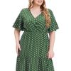 Sukienka damska plus size z dekoltem w serek, krótkim rękawem, falbankami i płynnym dołem midi