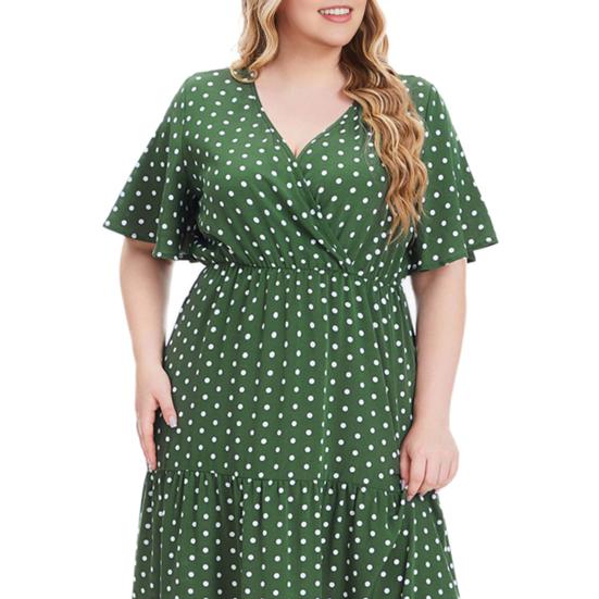 Sukienka damska plus size z dekoltem w serek, krótkim rękawem, falbankami i płynnym dołem midi