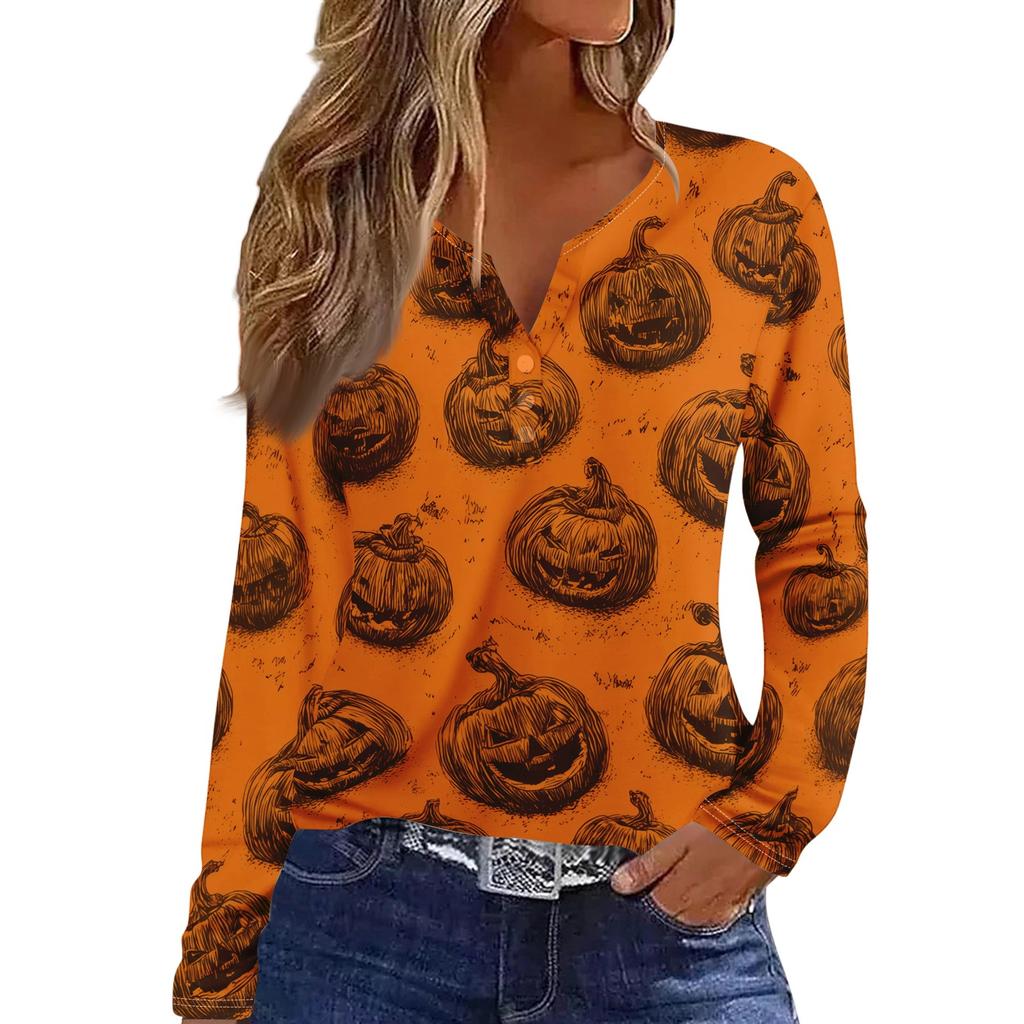 Women's Casual Long Sleeve T-Shirt with Halloween Print V-Neck Button for Parties