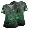 Women's Halloween Print V Neck Medical Scrub Top with Pockets Side Slits Short Sleeve Nurse Uniform Shirt for Healthcare Professionals