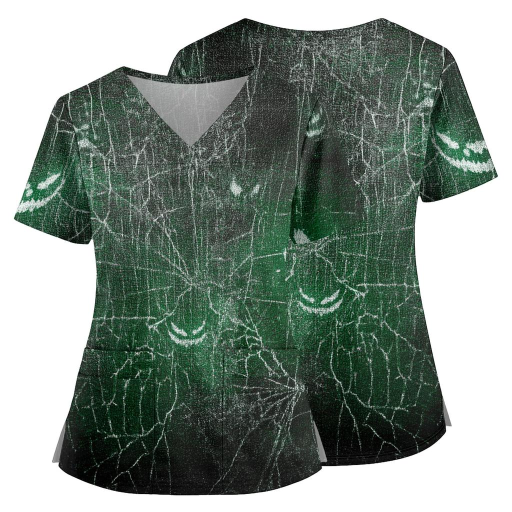 Women's Halloween Print V Neck Medical Scrub Top with Pockets Side Slits Short Sleeve Nurse Uniform Shirt for Healthcare Professionals