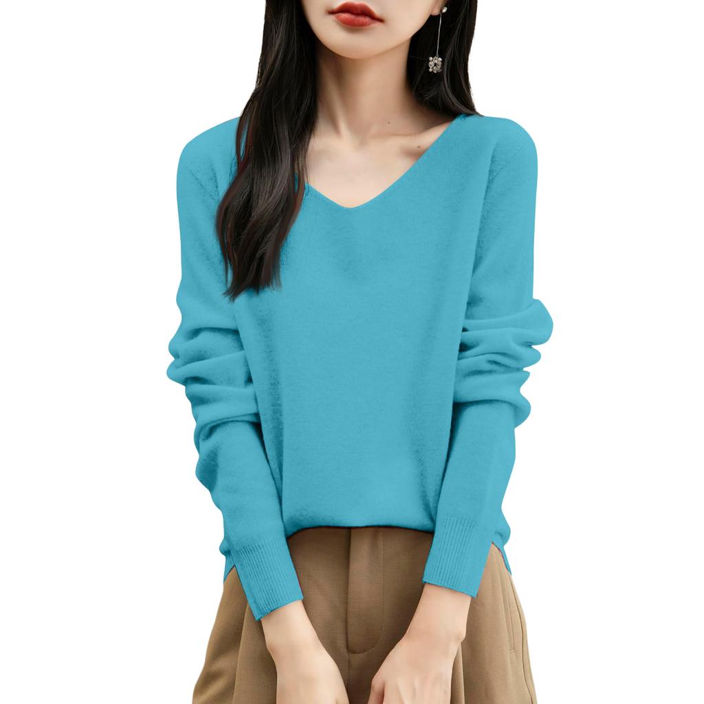 Women's Fashion Flat-Knit V-Neck Pullover Sweater Solid Color Long-Sleeve Top