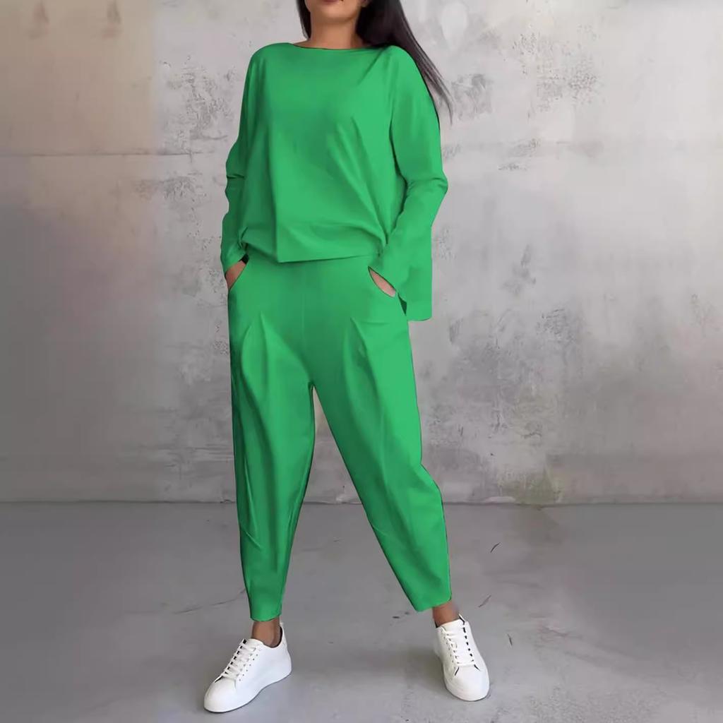 Women's Two-piece Solid Color Round Neck Long Sleeved Top and Casual Pants Set for Autumn