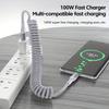 90 Degrees 100W USB Type C Spring Car Fast Charging Cable for Samsung Xiaomi USB C Data Cord for iPhone 15 Huawei USB C Wire